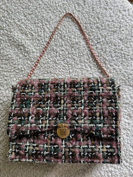 Shades of Pink, Teal, White, Tan in a Geometric Pattern Mini Tweed