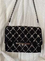 All over Embroidered with Silver Pearls, Flowers Glass Cristal Beads Tweed Mini