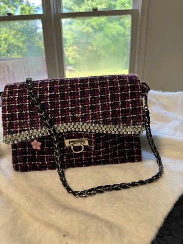 Magenta, White Black Poly Acrylic Mini Tweed Handbag