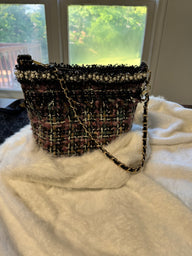 Shades of Pink, Teal, White, Tan in a Geometric Pattern Mini Tweed Handbag