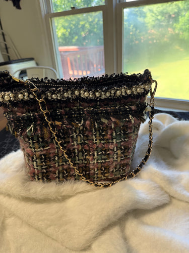 Shades of Pink, Teal, White, Tan in a Geometric Pattern Mini Tweed Handbag