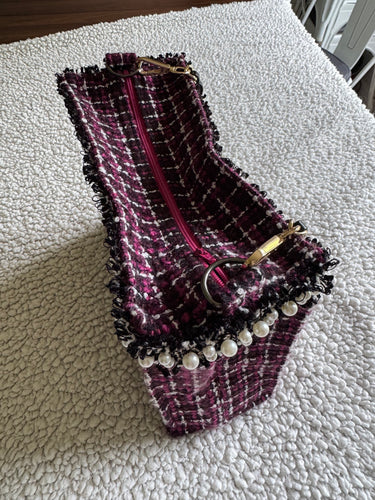 Magenta, white, and black  Square tweed handbag
