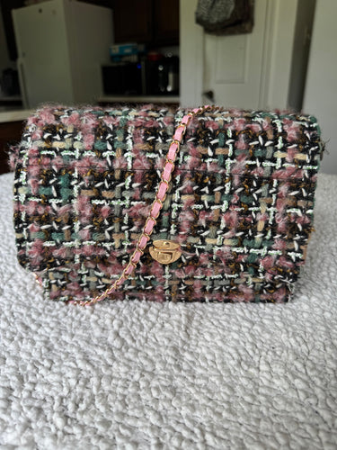 Geometric Pattern Tweed Handbag – Pink, Teal, White & Tan