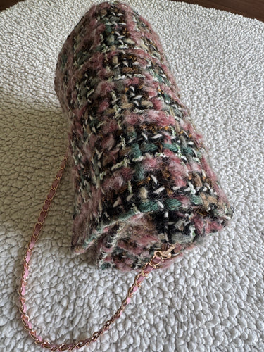 Geometric Pattern Tweed Handbag – Pink, Teal, White & Tan