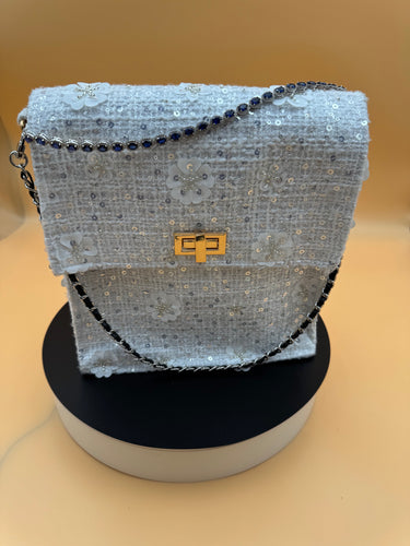 White Embroidered Handbag with Flower Appliqué, Glass Beads, Sequins and Blue Sapphire Necklace