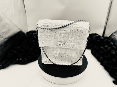 White Embroidered Handbag with Flower Appliqué, Glass Beads, Sequins and Blue Sapphire Necklace