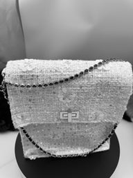 White Embroidered Handbag with Flower Appliqué, Glass Beads, Sequins and Blue Sapphire Necklace