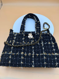 High end Fashion Thickened coarse Spun Tweed with Lace Gold Flower Black