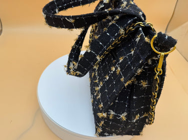 High end Fashion Thickened coarse Spun Tweed with Lace Gold Flower Black