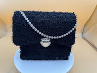 Luxury Black Tweed Mini Handbag with White Sapphire Embellishment