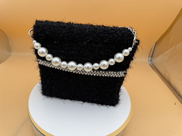 Luxury Black Tweed Mini Handbag with White Sapphire Embellishment