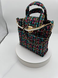 Multi-Color Silk Jacquard Ribbon Tweed Tote