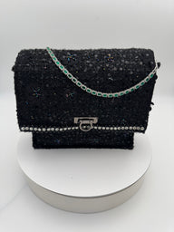Black Embroidered with  Emerald and Silver 16 inches necklace.