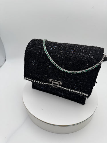 Aug 4 Black Embroidered with  Emerald and Silver 16 inches necklace.