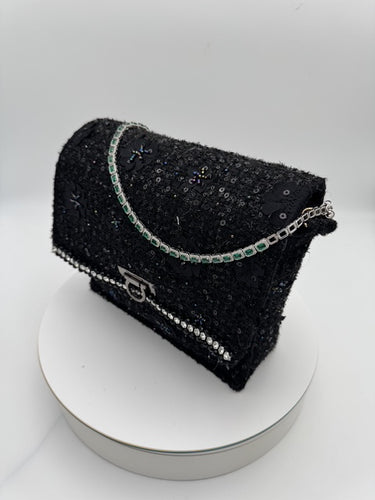 Aug 4 Black Embroidered with  Emerald and Silver 16 inches necklace.