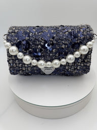 Mini Handbag- Navy All Over Embroidery on Off White Background French Tweed Fabric Sequins, Gold Thread,