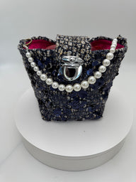 Mini Tote Handbag- Navy All Over Embroidery on Off White Background French Tweed Fabric Sequins, Gold Thread,